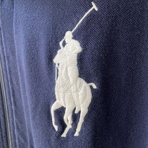 Vintage Polo Ralph Lauren Blue Pique Cotton Big Pony Full Zip Jacket XL Red Whit - Picture 3 of 10